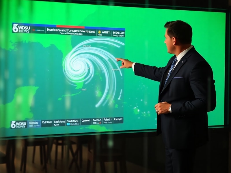 A split-screen image showing WDSU's weather team in their studio with radar maps behind them, transitioning to a New Orleans