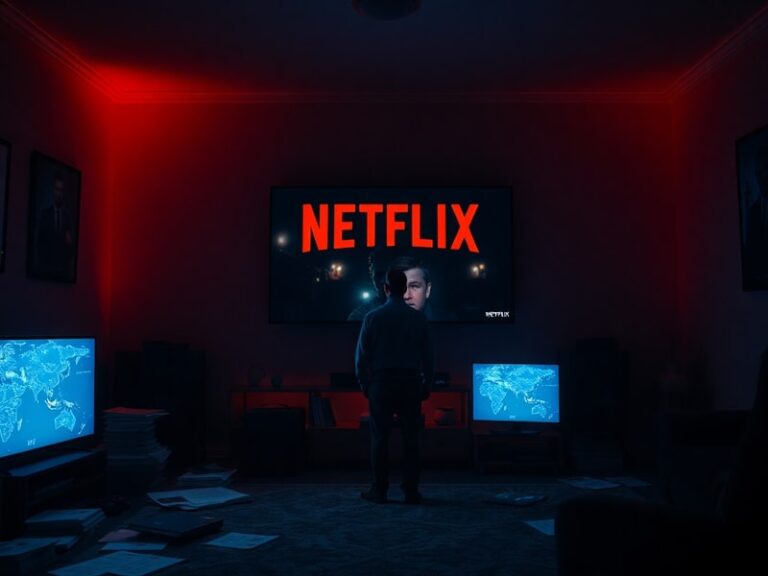 A moody, cinematic shot of a detective reviewing case files on a laptop, with crime scene photos pinned to a board in the bac