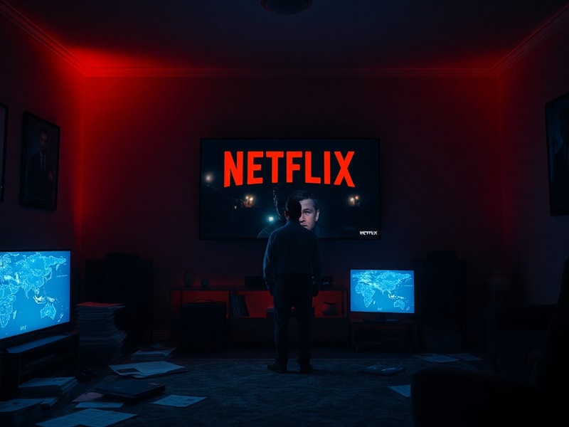 A moody, cinematic shot of a detective reviewing case files on a laptop, with crime scene photos pinned to a board in the bac