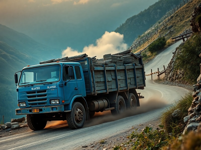 A vibrant scene featuring a classic slate truck adorned with colorful, intricate designs, parked in a bustling outdoor market