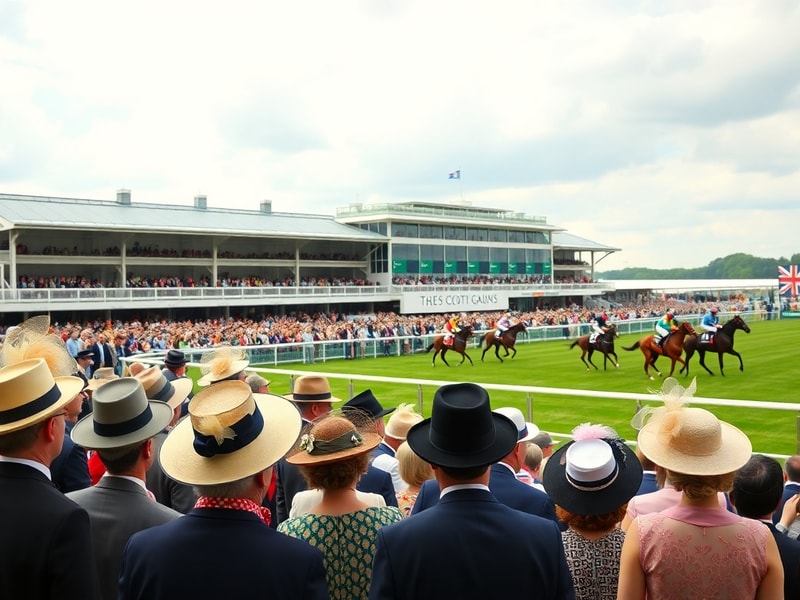 A vibrant aerial shot of Ascot Racecourse during Royal Ascot week, showing the grandstand, colorful crowds in elegant attire,