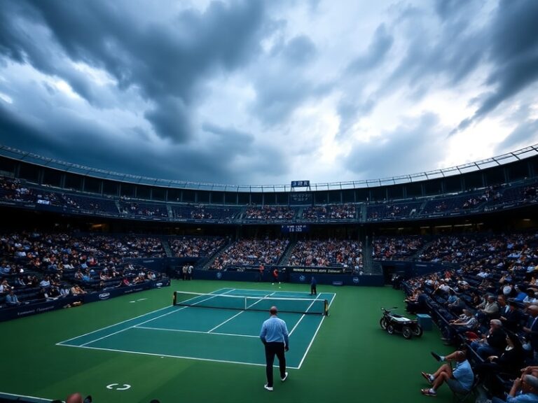 A dramatic shot of Arthur Ashe Stadium during a thunderstorm, with retractable roof closed and players evacuating the court u