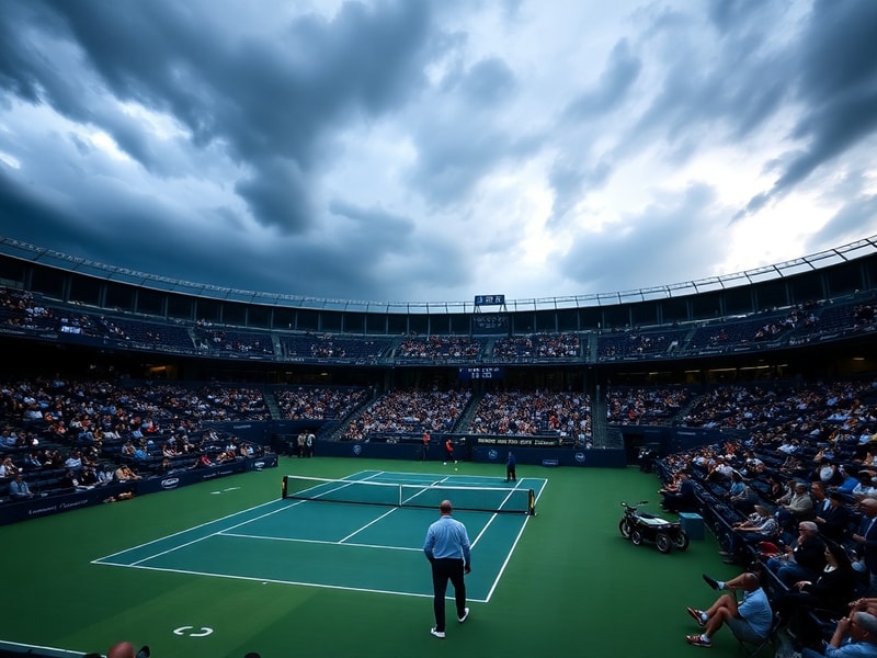 A dramatic shot of Arthur Ashe Stadium during a thunderstorm, with retractable roof closed and players evacuating the court u