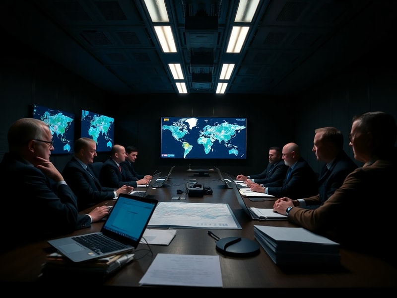 A high-level military planning room with NATO flags, digital screens showing global maps and cyber threat dashboards, militar