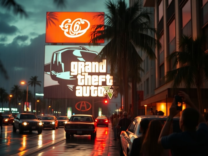 A cinematic promotional image showing a neon-lit Vice City skyline at dusk, with palm trees, retro cars, and a helicopter fly