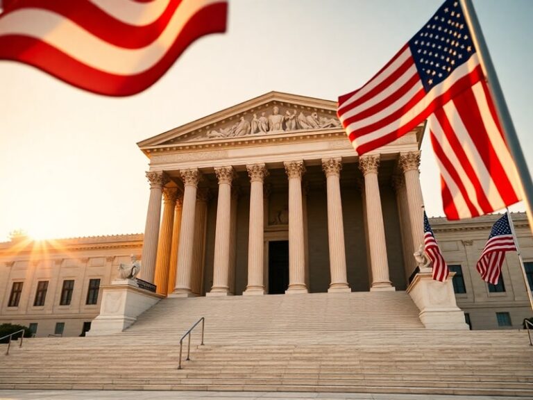 A formal illustration of the U.S. Supreme Court building in Washington, D.C., with its iconic neoclassical architecture bathe
