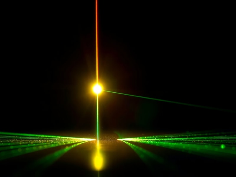 A futuristic laboratory scene with a high-tech laser setup splitting a photon into two entangled beams, glowing in soft blue