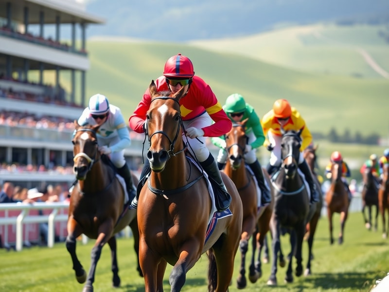 A vibrant scene of the Royal Ascot racecourse with horses and jockeys in mid-race, spectators in elegant attire in the backgr
