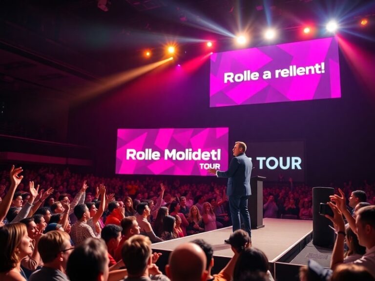 A vibrant concert stage with an artist performing, surrounded by digital screens displaying environmental or social messages.