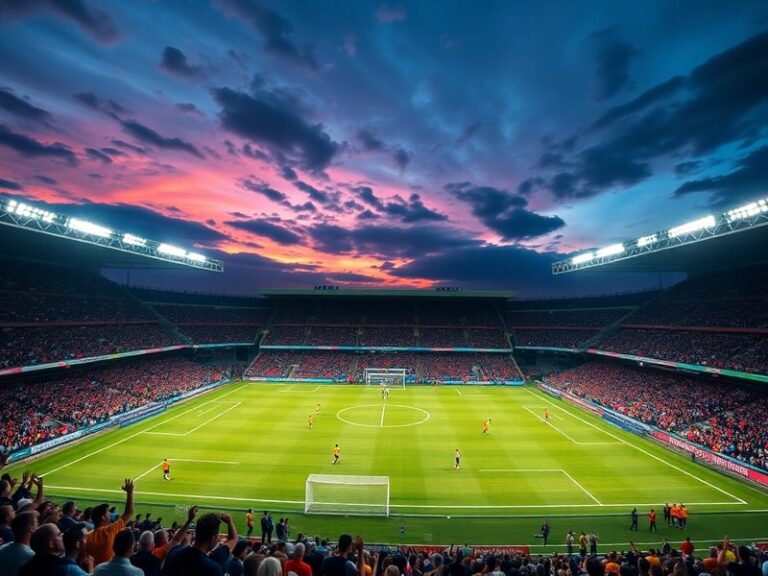 A vibrant stadium under floodlights with fans cheering, players in action on the pitch, and a large scoreboard displaying 'Wo