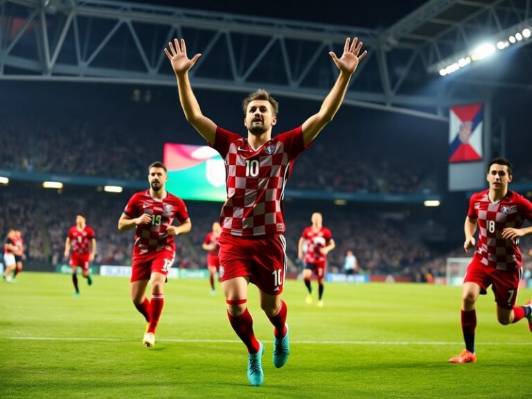 A dynamic action shot of Petar Musa celebrating after scoring a goal for Croatia against England at UEFA Euro 2024 in Leipzig