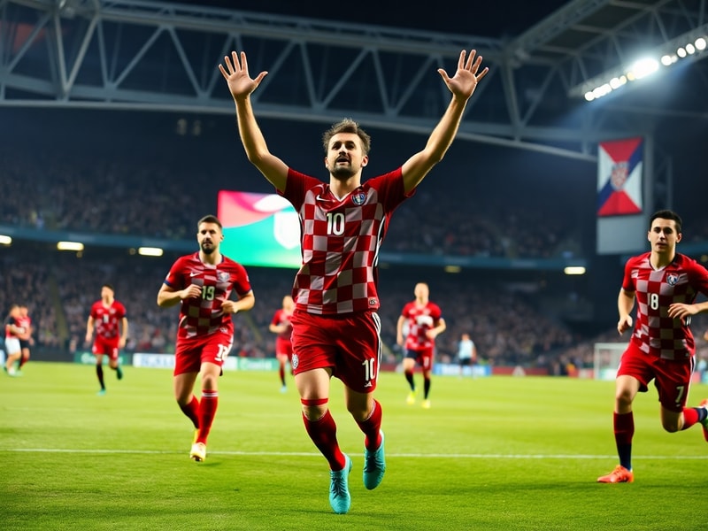 A dynamic action shot of Petar Musa celebrating after scoring a goal for Croatia against England at UEFA Euro 2024 in Leipzig