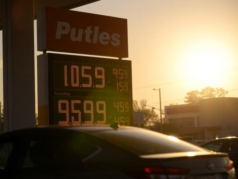 A gas station pump displaying fluctuating prices in bold red and green digits, with a blurred background of cars waiting in l