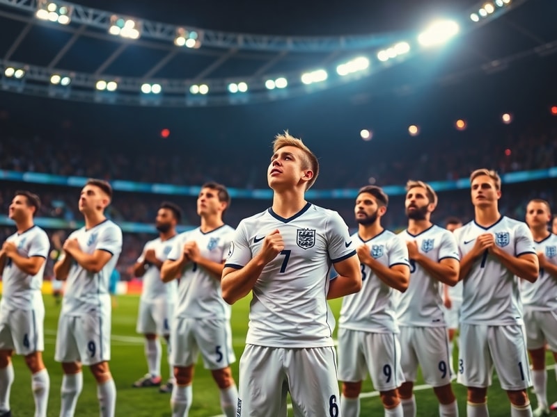 A vibrant stadium scene with England fans singing the national anthem before a World Cup match, featuring the St. George’s Cr