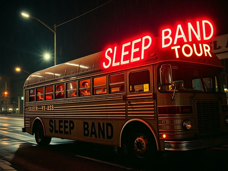 A dimly lit concert hall filled with rows of mattresses and sleeping attendees, illuminated by soft blue stage lighting. An o