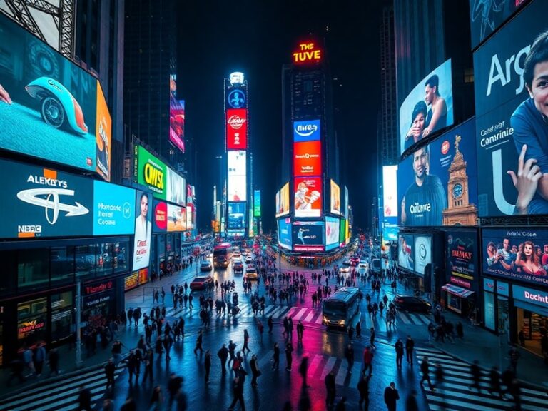 A vibrant nighttime photograph of Times Square, showcasing towering digital billboards, crowded sidewalks, and illuminated th