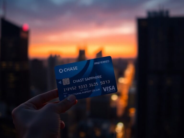 A traveler at an airport check-in counter, holding a Chase Sapphire Preferred card and a boarding pass, with a modern city sk