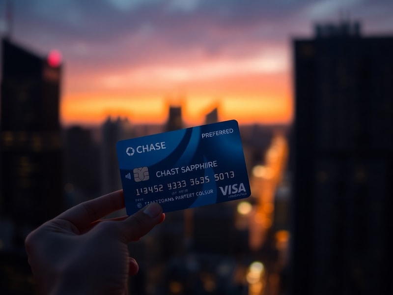 A traveler at an airport check-in counter, holding a Chase Sapphire Preferred card and a boarding pass, with a modern city sk