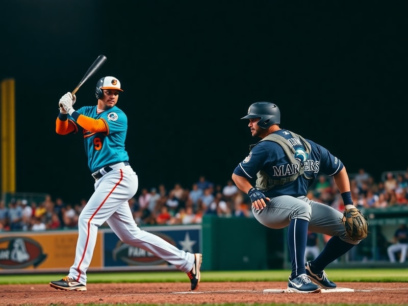 A dynamic shot of the Orioles and Mariners players on the field during a close play, with the stadium lights illuminating the