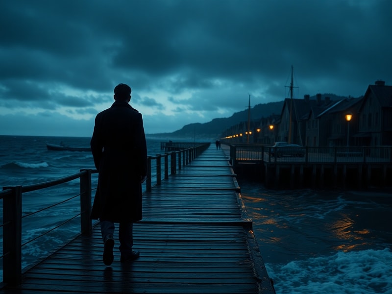 A moody coastal scene at dusk with a foggy shoreline, eerie wooden pier stretching into dark waters, and a faint silhouette o