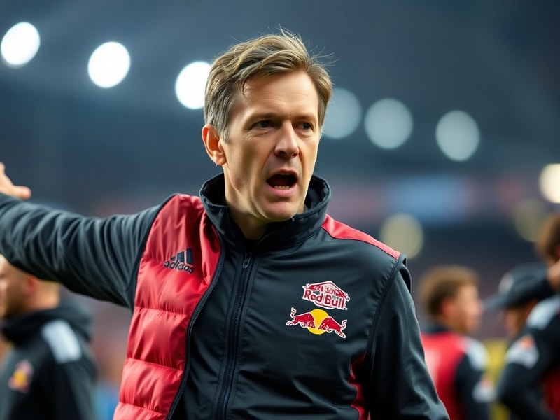 A dynamic action shot of Jesse Marsch on the touchline, gesturing intensely during a match, with players in the background bl