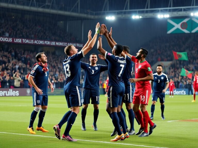A vibrant stadium scene in Casablanca with Scotland fans in tartan scarves and Morocco supporters waving flags, under floodli