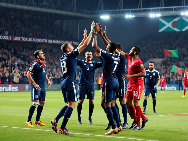 A vibrant stadium scene in Casablanca with Scotland fans in tartan scarves and Morocco supporters waving flags, under floodli