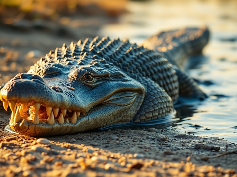 A saltwater crocodile lurking just below the water's surface in a murky river, with only its eyes and nostrils visible, surro