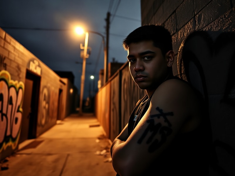 A split-image illustration showing MS-13 graffiti on a wall in an urban neighborhood on one side, and a Salvadoran flag with