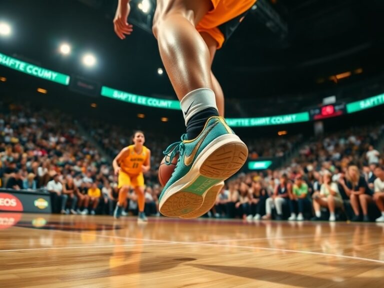 A close-up shot of Caitlin Clark wearing her signature Nike basketball shoes on the court, with the Nike swoosh and her "CC"
