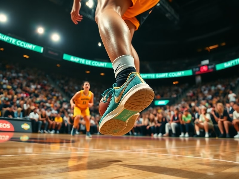 A close-up shot of Caitlin Clark wearing her signature Nike basketball shoes on the court, with the Nike swoosh and her "CC"