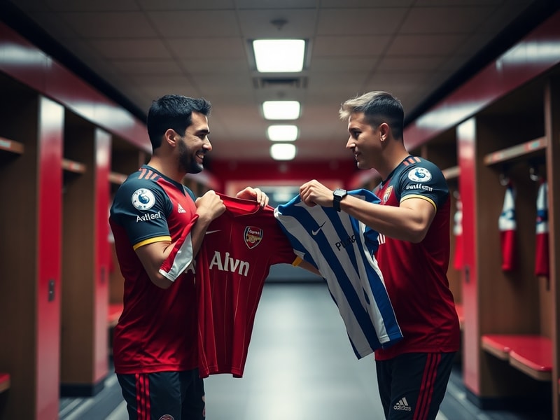 A split-screen image showing Julian Álvarez in Arsenal’s red home kit on the left and Viktor Gyökeres in Brighton’s blue away
