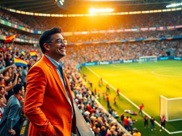 A vibrant broadcast studio with Telemundo’s World Cup team celebrating a goal, featuring colorful graphics, confetti, and the