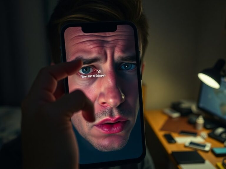 A frustrated user looking at a buffering Disney+ app on a large TV screen, with error messages like "Loading failed" visible,