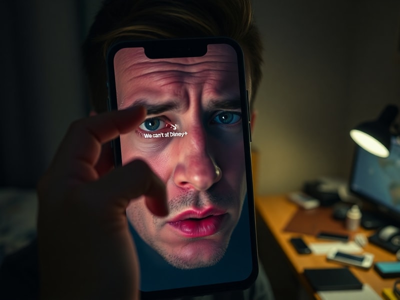 A frustrated user looking at a buffering Disney+ app on a large TV screen, with error messages like "Loading failed" visible,