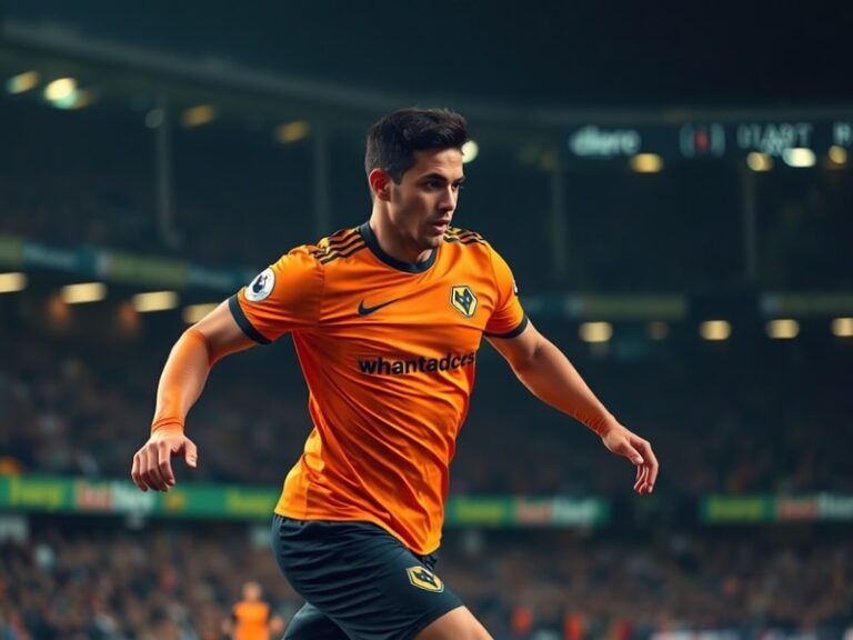 Raúl Jiménez in action, wearing Wolverhampton Wanderers’ gold and black kit, mid-stride with the ball at his feet during a Pr