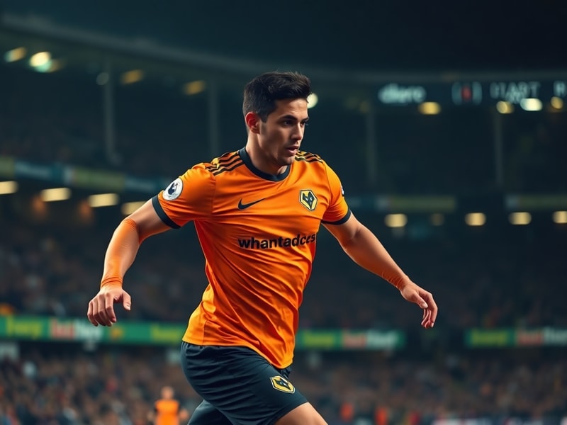 Raúl Jiménez in action, wearing Wolverhampton Wanderers’ gold and black kit, mid-stride with the ball at his feet during a Pr