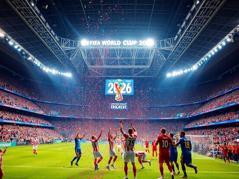 A vibrant stadium scene during a night match, showing fans in colorful jerseys, illuminated pitch, and skyline of a North Ame