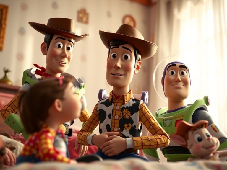 A nostalgic scene from Toy Story 3 showing Woody, Buzz, and the gang in Bonnie's room, with warm lighting and a sense of tran