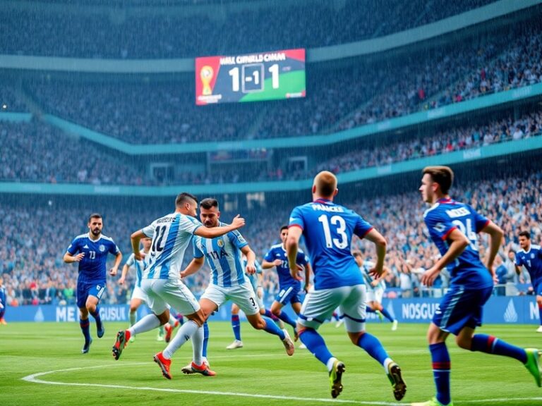 A dynamic soccer stadium filled with fans, showing a large scoreboard with 'World Cup 2026' in bright lights. In the foregrou