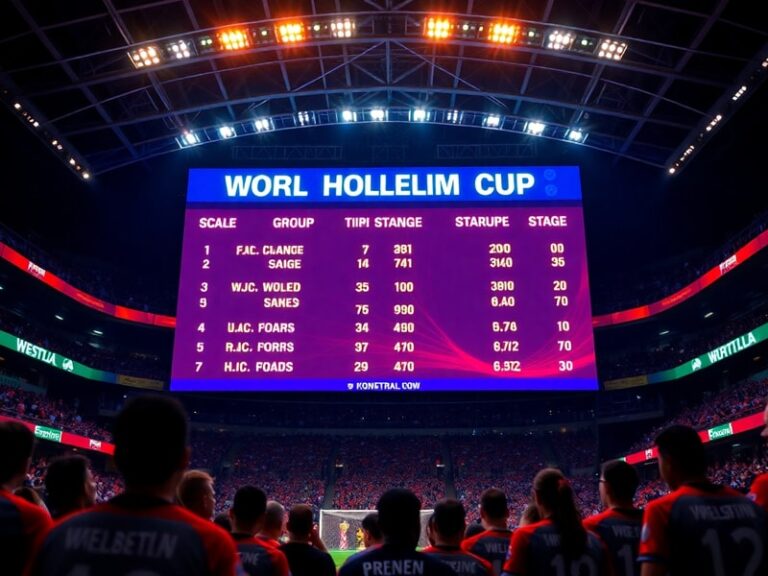 A vibrant stadium packed with fans, featuring a large digital scoreboard displaying World Cup standings. The scene is electri
