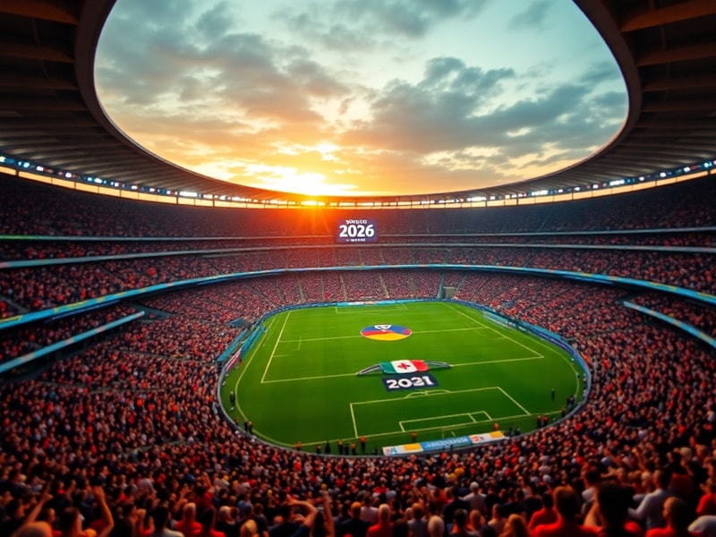 A vibrant stadium filled with fans from diverse backgrounds, wearing national team colors, under a sunset sky. The scene is s