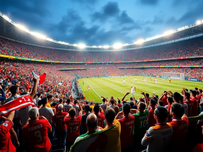 A packed stadium under floodlights with fans in national colors cheering during a World Cup match, showing dramatic atmospher