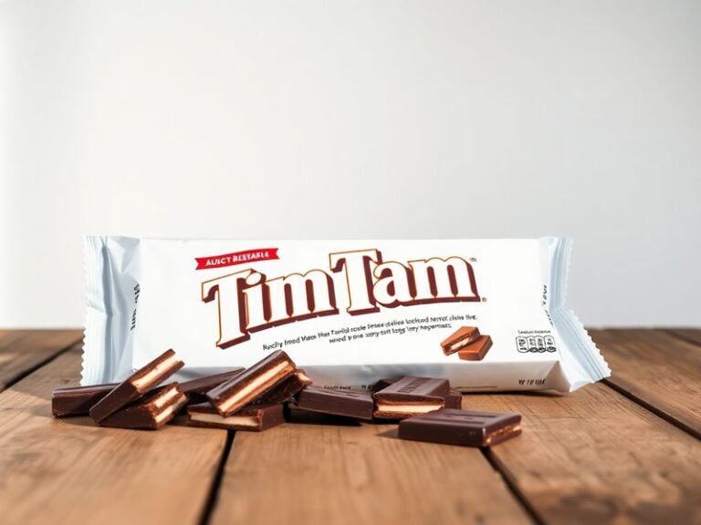 A Costco Australia store shelf stocked with multiple large boxes of Tim Tams in various flavors, with shoppers browsing in th