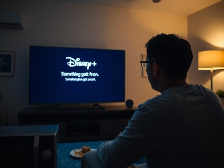 A split-screen image showing a frustrated person staring at a frozen Disney+ loading screen on a TV, with a clock displaying