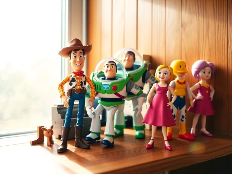 A vibrant scene from Toy Story 4 featuring Woody, Buzz Lightyear, Bo Peep, and Forky walking through a carnival at dusk, with