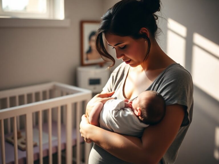 A close-up shot of a tired but content mother holding a sleeping baby, with soft natural lighting and a warm, intimate home s