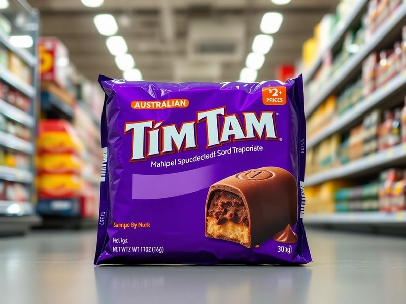 A brightly lit Costco warehouse shelf stocked with large boxes of Tim Tams, surrounded by Australian shoppers filling trolley
