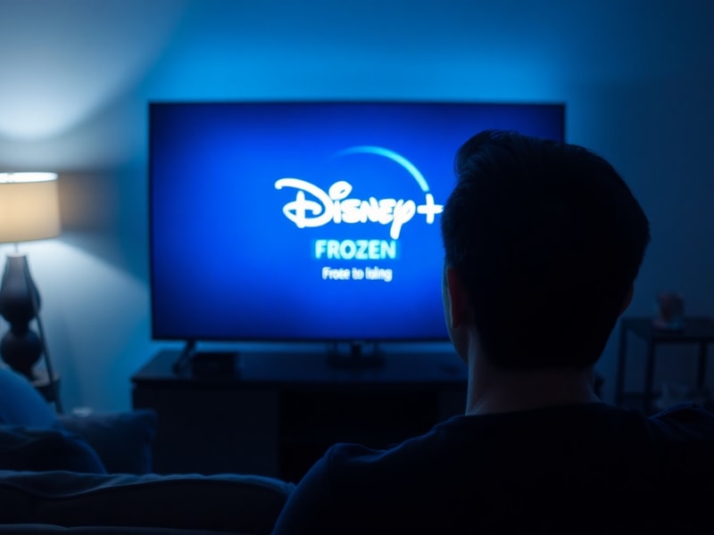 A split-screen image showing a frustrated user staring at a frozen Disney+ loading screen on a TV, with a smartphone displayi
