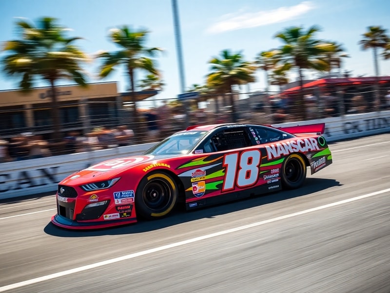 A vibrant scene of a NASCAR Xfinity or Truck Series car racing on a temporary street circuit in downtown San Diego, with the